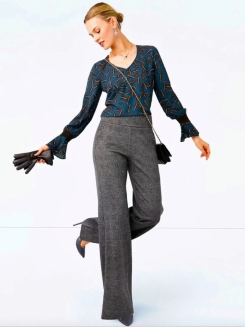 Cabi Bond Trouser High Rise Herringbone Plaid Wide Leg Pant Career Grey 4